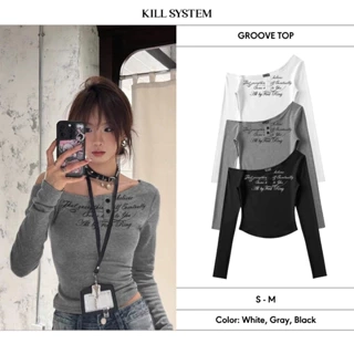 𝐊𝐈𝐋𝐋 𝐒𝐘𝐒𝐓𝐄𝐌 Áo lệch vai dài tay cài nút co giãn ôm body tôn dáng in chữ cá tính 𝐆𝐑𝐎𝐎𝐕𝐄