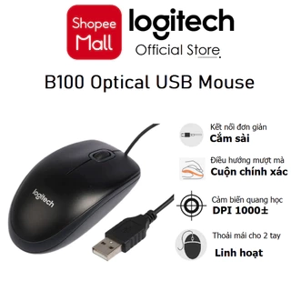 Chuột có dây Logitech B100 - Dây dài 1m8, thiết kế ôm tay, thuận cả 2 tay - Bảo hành 3 năm