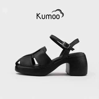 Sandal Cao Gót Nữ Kumoo Màu Đen Da Thật Hack Dáng Đế LugSole 7cm Thời Thượng SDCG-KUMO-010