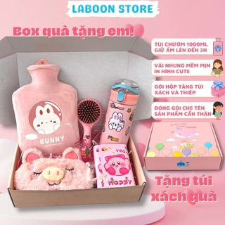 Bộ quà tặng bạn gái túi chườm bụng đa năng 1000ml LABOON kèm bình giữ nhiệt và phụ kiện siêu xinh