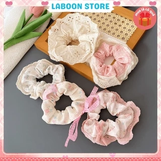 Dây cột tóc LABOON scrunchies họa tiết hoa nơ viền ren vintage buộc tóc voan nhún nữ tính xin xắn