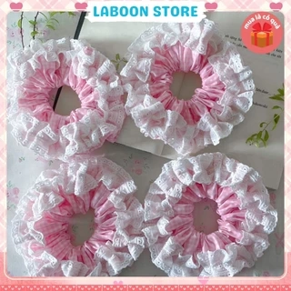 Scrunchies LABOON tiểu thư phối ren nơ bèo trắng tinh tế buộc tóc hồng baby dịu dàng như sương mai