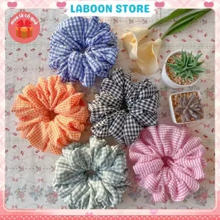 Scrunchies vải caro sọc pastel LABOON dây buộc tóc bản to chất vải đủi thô nhún đứng form tóc