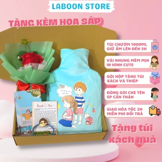 Túi chườm ấm đa năng LABOON chất liệu cao su PVC 1000ml giữ nhiệt sưởi ấm đa năng lông nhung mềm mại