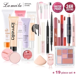 Bộ mỹ phẩm 19 món LAMEILA Bảng phấn mắt 12 màu+Má hồng+Phấn phủ trang điểm+Bột che khuyết điểm+phồng+dao cắt lông mày+dụng cụ uốn mi+Cọ trang điểm+Lip Glaze Lipstick+Mascara +chì kẻ mày+kẻ mắt+kem che khuyết điểm+Thanh đường viền+Kem BB+Kem