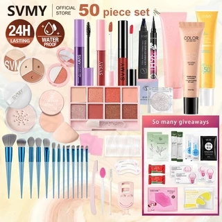 Svmy 50 Miếng Trang Điểm Mặt Mỹ Phẩm Bộ Kem Chống Nắng Ép Kem Nền Phấn Mắt Cọ Trang Điểm Son Môi Bút Chì Lông Mày Người Mới Chống Thấm Nước Chống Mồ Hôi