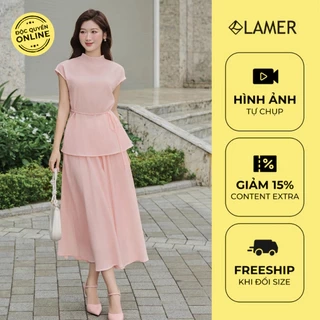 Áo kiểu nữ LAMER dáng rộng vai chờm phối Chân váy dáng xòe chun eo V61B25H007, V62L25H001