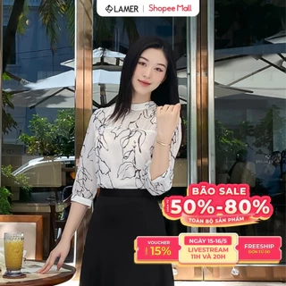 Áo Sơ Mi Nữ Cổ Tàu Tròn Mí Ngực LAMER Áo Công Sở Nữ Tay Lỡ Dáng Suông Hoạ Tiết Thanh Lịch O61B24Q003