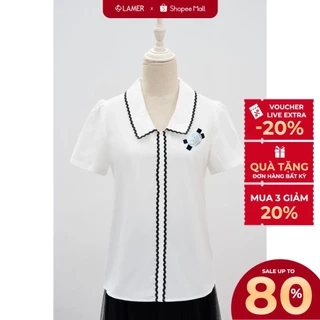 Áo sơ mi nữ dáng suông đắp ren, hoa cài LAMER L61B25H001