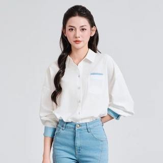Áo Sơ Mi Nữ Dáng Suông Phối Denim VIEN TRAN V61H25Q009