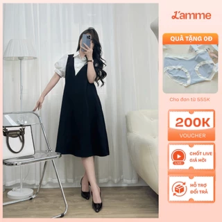 Váy bầu, đầm bầu tay bồng LIZ Dress thiết kế giả yếm thanh lịch, sang trọng tiểu thư chất liệu chéo hàn mềm mại L'amme