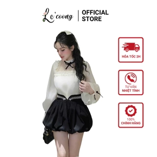 Áo Sơ Mi Tiểu Thư Tay Phồng Đính Ngọc LECOONG A13 Q13 Quần Dáng Bí Bo Chun Viền Ngọc Sang Chảnh