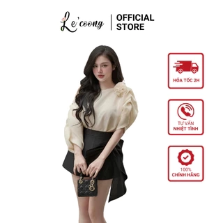 Áo Thiết Kế Trễ Vai Voan Tơ Đính Hoa LECOONG A12 Q12 Quần Tafta Đính Nơ Sang Chảnh