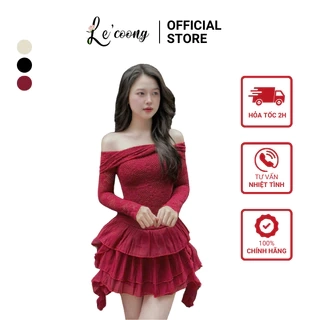 Đầm Đẹp Dáng Ngắn Ba Màu Đỏ Đen Be LECOONG V713 Đầm Đi Tiệc Trễ Vai Xếp Tầng Sang Chảnh