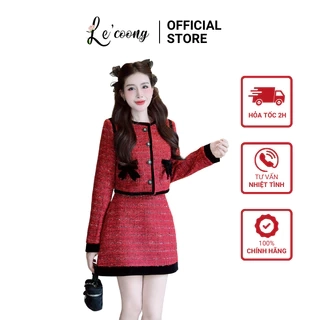Set Dạ Tweed Dáng Ngắn Hai Màu Đỏ Nâu Phối Nhung LECOONG B175 Đầm Đẹp Tiểu Thư Sang Chảnh