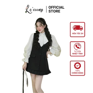 Set ĐầmTiểu Thư Dáng Suông Phối Sơ Mi Tay Bồng LECOONG B202 Đầm Đẹp Màu Đen Xám Đính Hoa Sang Chảnh