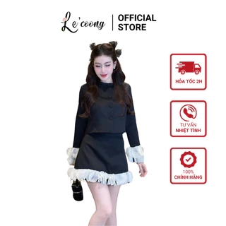Set Dáng Ngắn Phối Ren Trắng LECOONG B180 Đầm Tiểu Thư Sang Chảnh Màu Đen