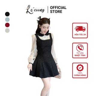Váy Dạ Tweed Dáng Ngắn Phối Voan Tơ  LECOONG V696 Đầm ĐẹpTiểu Thư Màu Be Đen Xanh Đỏ