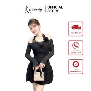 Váy Đẹp Dáng Ngắn Phối Ren Xếp Tầng LECOONG V676 Đầm Tiểu Thư Trễ Vai Màu Be Đen