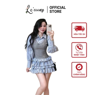 Váy Đẹp Dáng Ngắn Xếp Tầng LECOONG V745 Đầm Tiểu Thư Màu Xanh Phối Gile Sang Chảnh