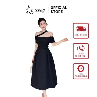 Váy Tiểu Thư Dáng Dài Trễ Vai Thắt Đai   LECOONG V691 Đầm Đẹp Sang Chảnh Màu Đen Be