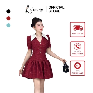 Váy Tiểu Thư Dáng Ngắn Cổ V LECOONG V682  Đầm Đẹp Xòe Bồng Màu Đỏ Đen Xanh