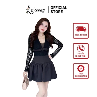 Váy Tiểu Thư Dáng Ngắn Hai Màu Đen Be Đỏ LECOONG V709  Đầm Đẹp Phối Ren Đính Nơ Sang Chảnh