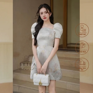 LEILA CLOSET | Đầm gấm thiết kế Helen tay phồng cổ yếm