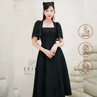 LEILA CLOSET | Đầm thiết kế Elen đen xoè dài phối tay ren lưới cổ vuông sang trọng