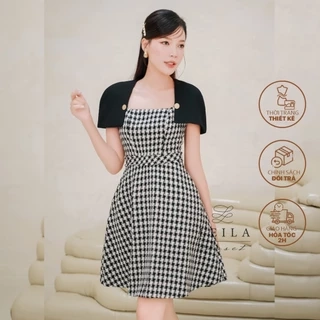 LEILA CLOSET | Đầm thiết kế Jynn caro cổ vuông dáng xoè ngắn