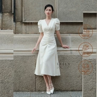 LEILA CLOSET | Đầm thiết kế Vella chấm bi cổ tim, tay chuông, chiết eo, xoè dài