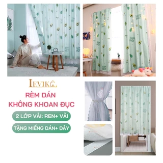 Rèm cửa dán tường Levika xanh dịu lá Bơ hoạt tiết chữ tươi mát, không cần khoan đục giá rẻ