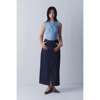 LIBÉ WORKSHOP - Chân váy denim dáng dài xẻ tà thân trước màu xanh dương đậm