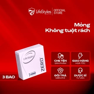 Bao cao su mỏng khít LifeStyles Zero - Trơn êm - Hộp 3 bao