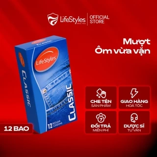 Bao cao su mỏng trơn truyền thống, ôm sát nhiều gel LifeStyles Classic hộp 12 bcs /3 bcs