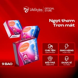 Combo 3 hộp Bao cao su LifeStyles Mixed Berry Hương dâu cao cấp - Hộp 3 bao