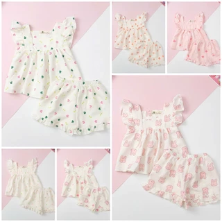 Bộ bé gái mặc nhà mùa hè LITIBABY, vải đũi xốp, tay áo cánh tiên size 2 đến 7 tuổi