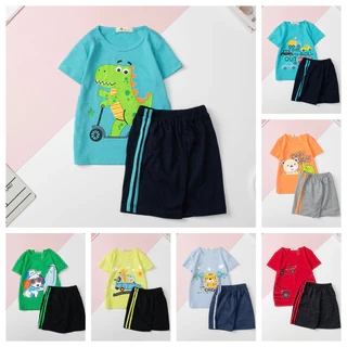 Bộ cotton quần áo LITIBABY ngắn tay quần đùi sọc, hoạt hình ô tô, khủng long size 1 đến 7 tuổi