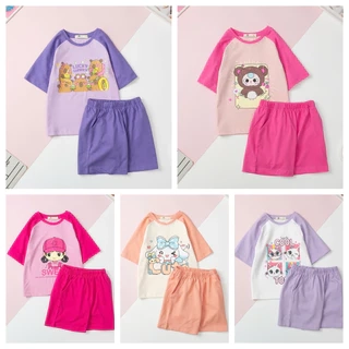 Bộ mùa hè cotton Bé gái LITIBABY ngắn tay phối hoạt hình size 2 đến 8 tuổi