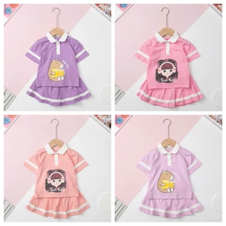 Bộ quần áo chân váy LITIBABY cổ bẻ, kèm chân váy hình Capybara, bé gái size 2 đến 12 tuổi