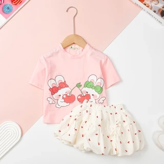 Set áo phông chân váy thương hiệu LITIBABY hình babythree, thỏ, size cho bé từ 2 đến 12 tuổi