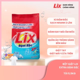 Bột giặt Lix Extra đậm đặc 5,5Kg ED557 gấp đôi sức mạnh làm sạch mọi vết bẩn, khử mùi ẩm mốc cho giặt tay và máy