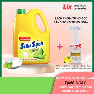 Combo 2 nước rửa chén Lix siêu sạch hương chanh can 1,4kg tặng 1 nước lau bếp On1 tinh dầu chanh Yuzu, 2C-NS140+N6701