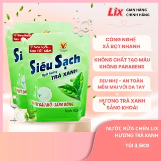 Combo 2 túi Nước rửa chén LIX 7KG siêu sạch hương trà xanh loại túi 2C-N8101 làm sạch vết bẩn dầu mỡ không hại da tay