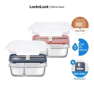 Hộp cơm thủy tinh chịu nhiệt chia ngăn kèm muỗng đũa Lock&Lock 930ml LLG991CL (2 màu)