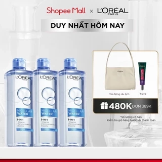 Bộ 3 nước tẩy trang đa năng 3-in-1 L'Oreal Paris Micellar tươi mát cho da dầu, hỗn hợp 400ml x 3