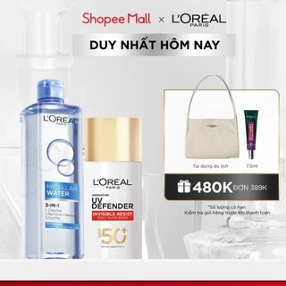 Bộ nước tẩy trang Micellar Water 400ml & Sữa Chống Nắng x20 UV Defender Serum 50ml SPF 50+ PA++++ L'Oreal Paris