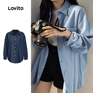 Áo Lovito denim wash nút trước màu trơn thường ngày cho nữ LNE24112 (Nhiều màu)
