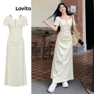 Đầm Lovito hoa nhí xếp nếp giả hai lớp có nút phong cách thường ngày cho nữ L98AD144