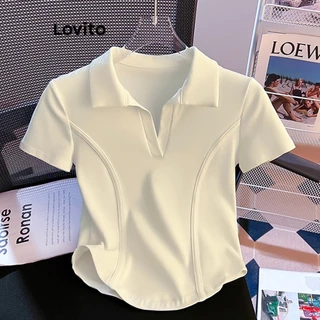 Lovito Áo Thun Màu Trơn Có Đường Chiết Eo Tôn Dáng Cho Nữ LNM67139